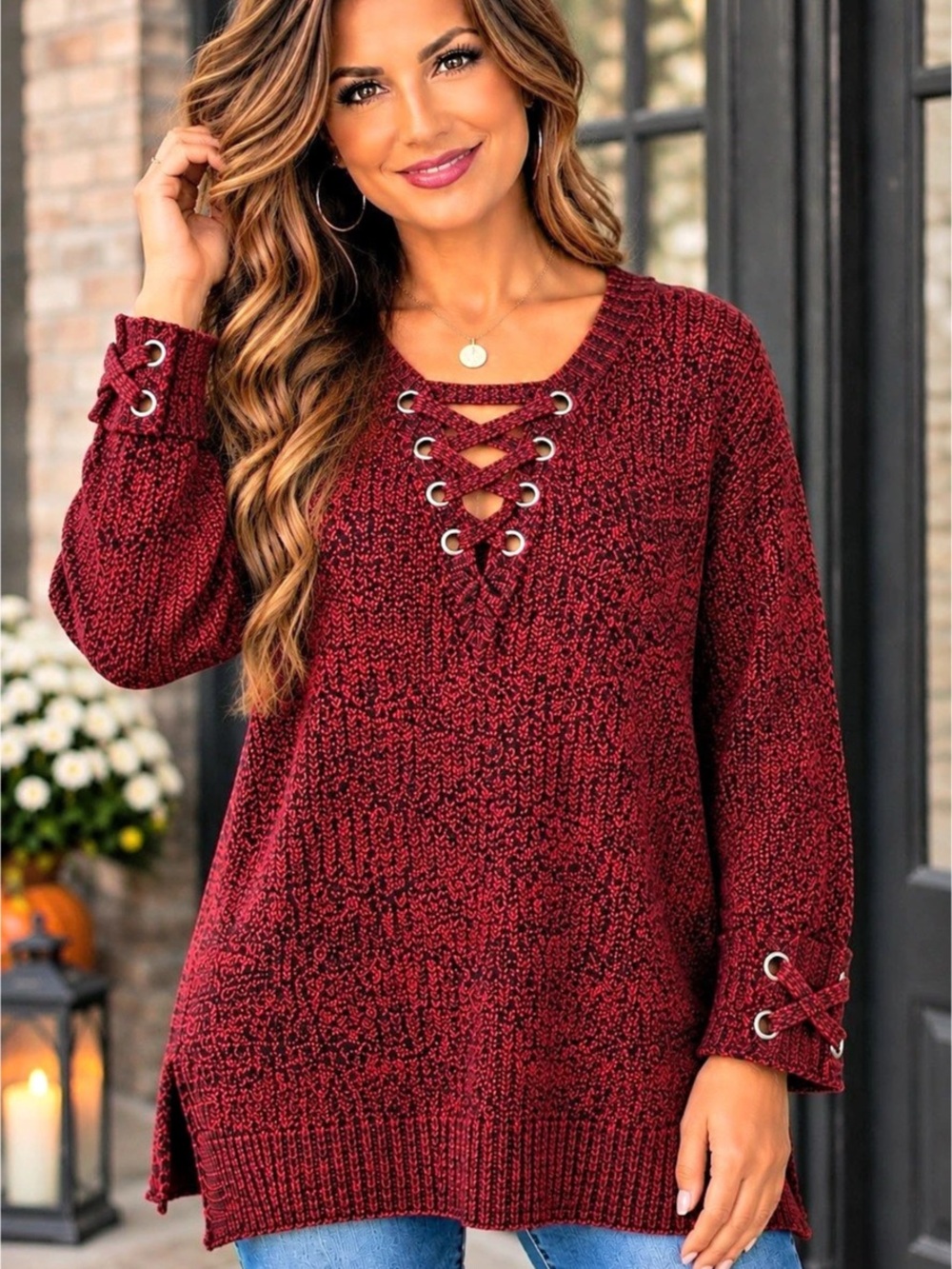 Style & Co Lace-Up Sweater in Red & Black Size Large